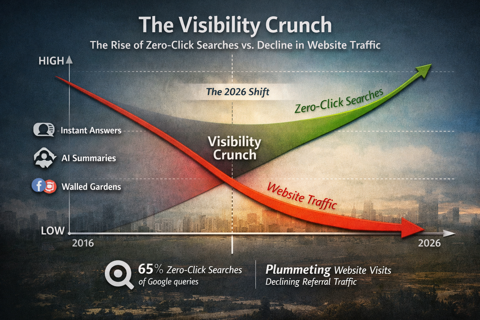 Graph showing the visibility crunch with increasing zero-click searches and declining website traffic