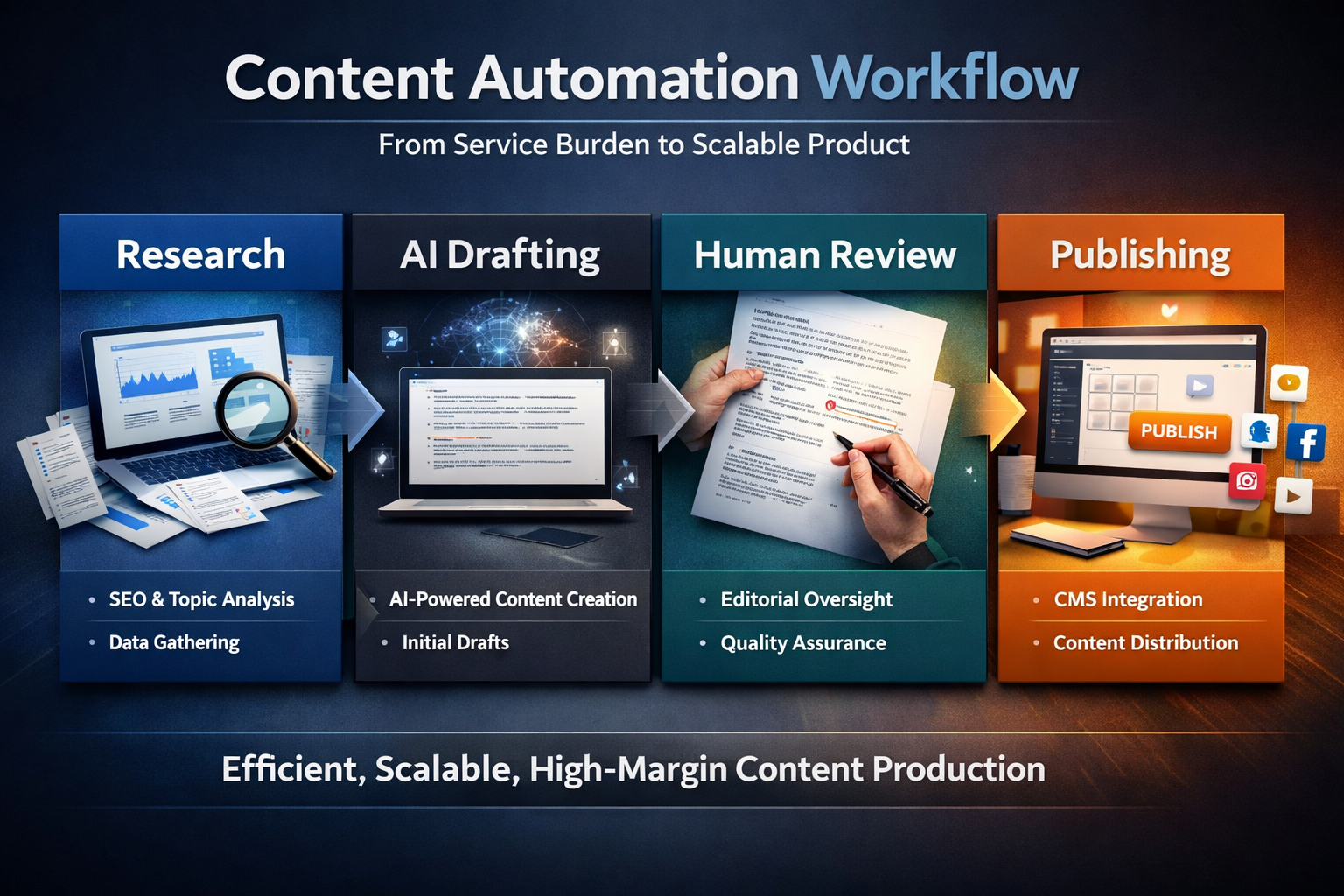 Content automation workflow showing research, AI drafting, human review, and publishing stages