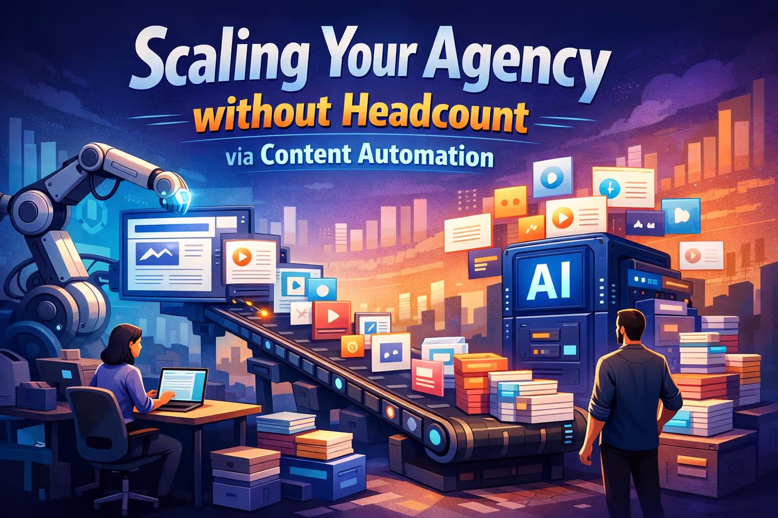 Content automation for agencies workflow showing AI-powered systems scaling production without additional hiring