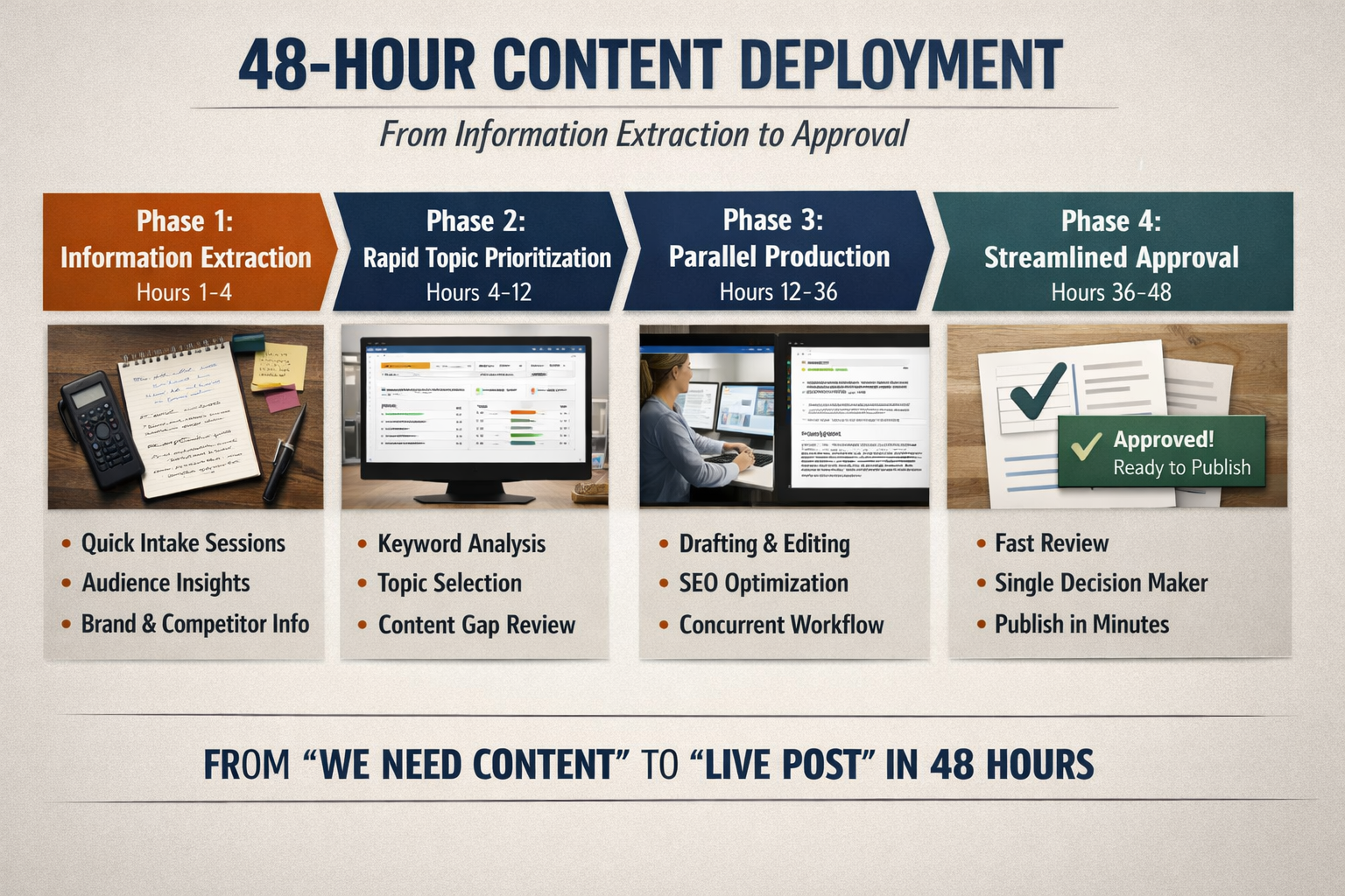 Four Phases of the 48-Hour Content Deployment Framework Four-phase framework showing 48-hour content deployment from information extraction to approval