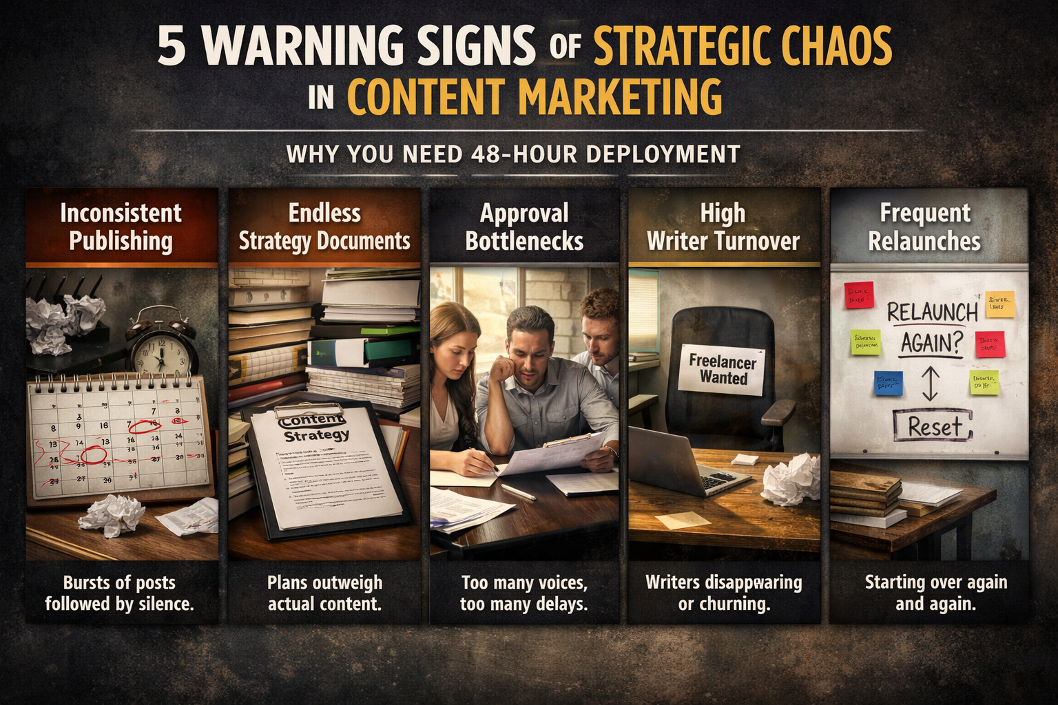 Five Warning Signs of Strategic Chaos in Content Workflows Five warning signs indicating strategic chaos in content marketing workflows requiring 48-hour deployment