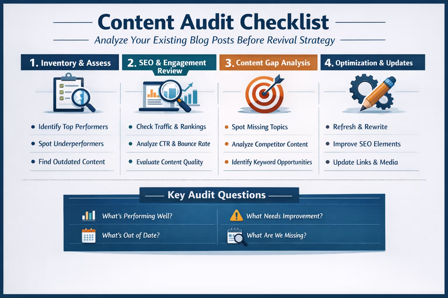 Content Audit Checklist for How to Revive a Dead Blog Strategy Content audit checklist showing steps to analyze existing blog posts before revival strategy