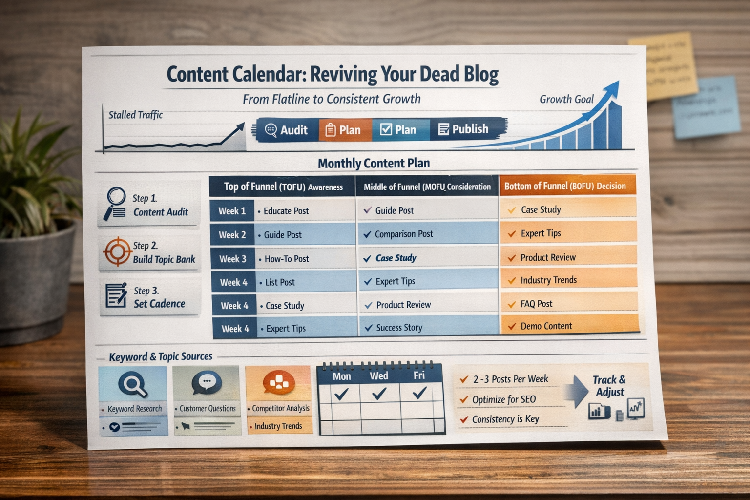 Content Calendar Planning Template for Reviving a Dead Blog with Consistent Publishing Content calendar template showing strategic topic planning to revive a dead blog through consistency