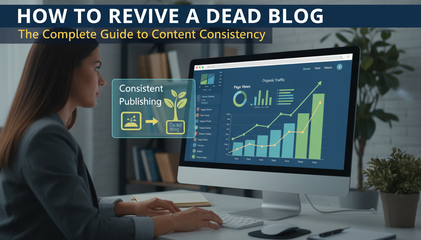 Business professional reviewing website analytics showing how to revive a dead blog through consistent content publishing