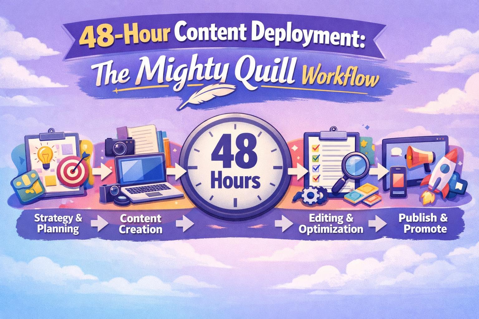 48-hour content deployment workflow showing rapid content production from strategy to publication