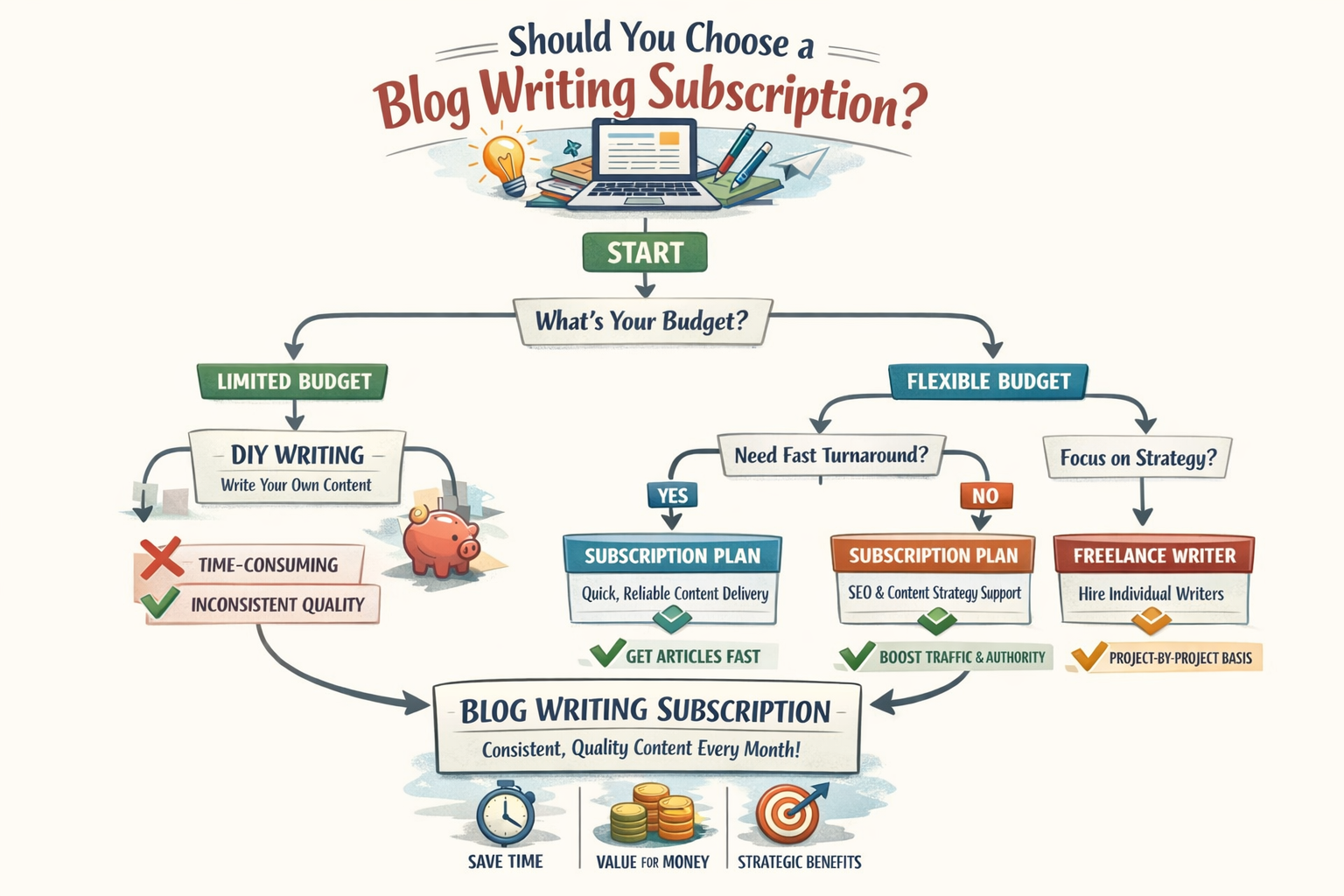 Decision tree showing when to choose blog writing subscription based on budget, speed, and strategic needs