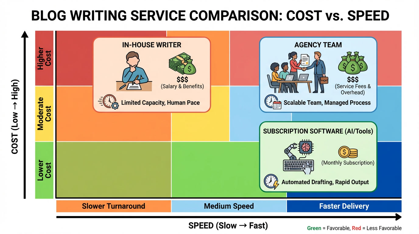 Blog writing service comparison chart showing cost and speed differences between Blog writing subscription software vs in-house writer vs agency