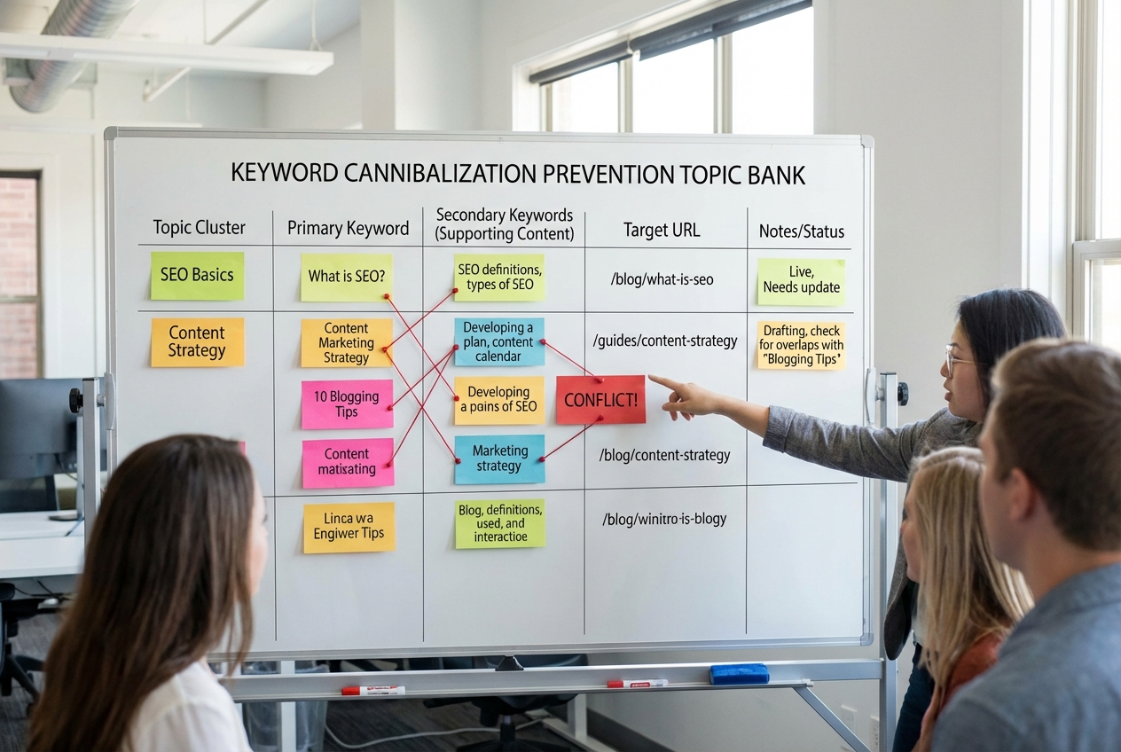 Organized keyword cannibalization prevention topic bank showing content strategy planning to avoid ranking conflicts