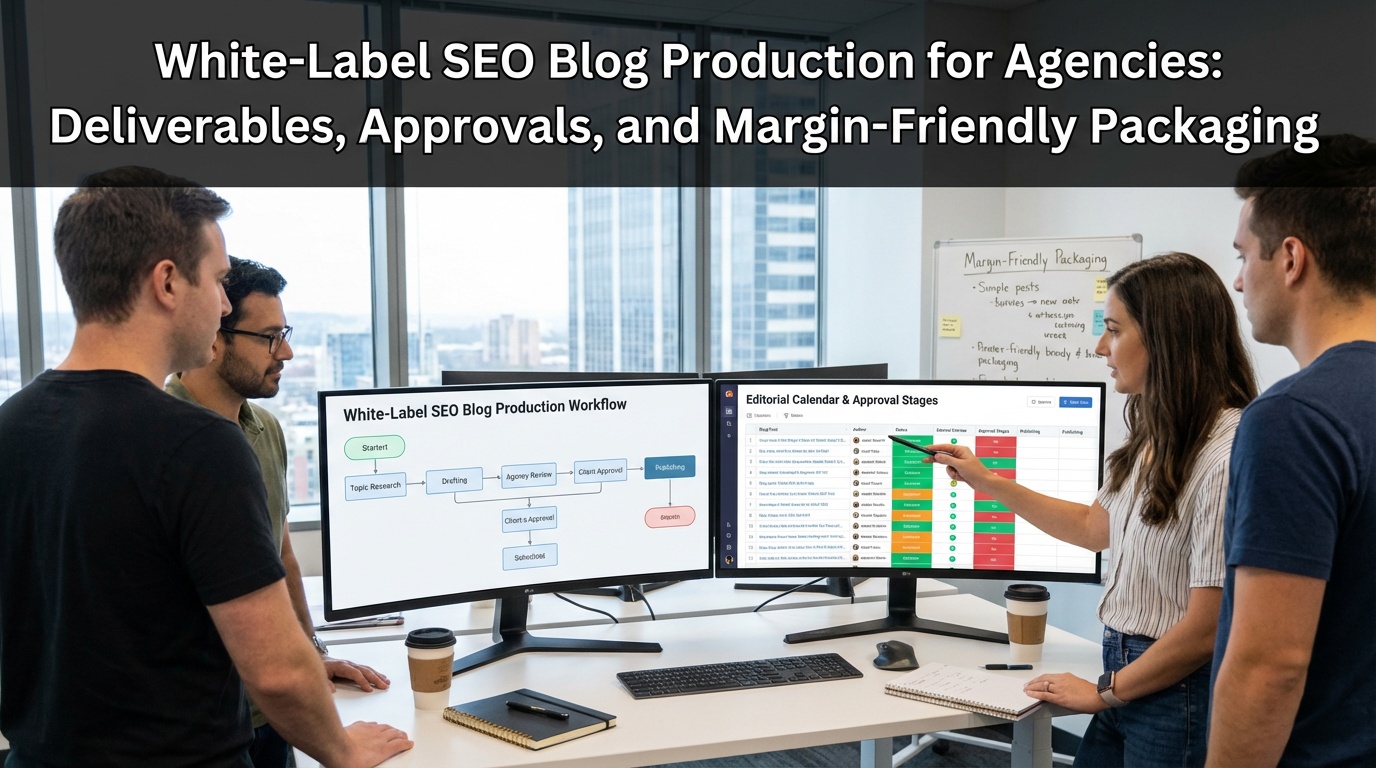 Agency team reviewing white-label SEO blog production workflow on computer screens with editorial calendar and approval stages