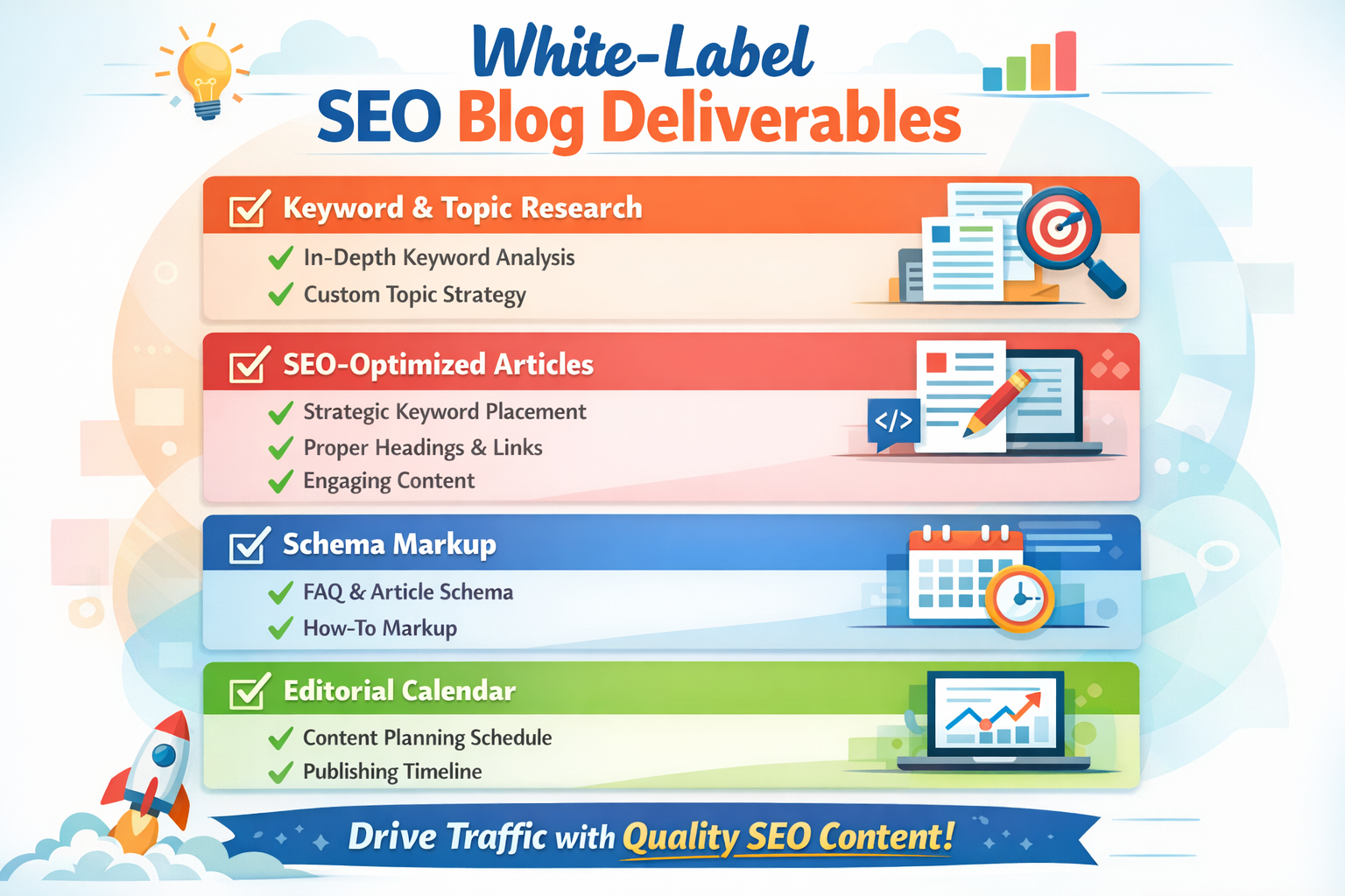 Checklist displaying white-label SEO blog production deliverables including keyword research, articles, schema markup, and editorial calendars
