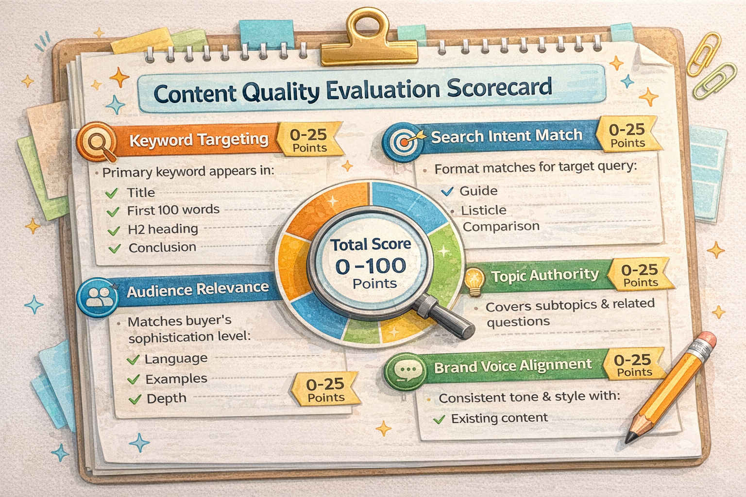 Content Quality Evaluation Scorecard Framework Content quality evaluation scorecard showing four categories with 25-point scoring for each section