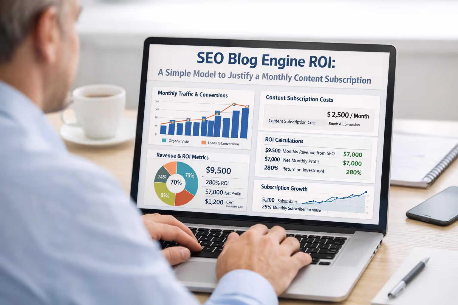 Business professional analyzing SEO blog engine ROI calculations and content subscription metrics on laptop dashboard