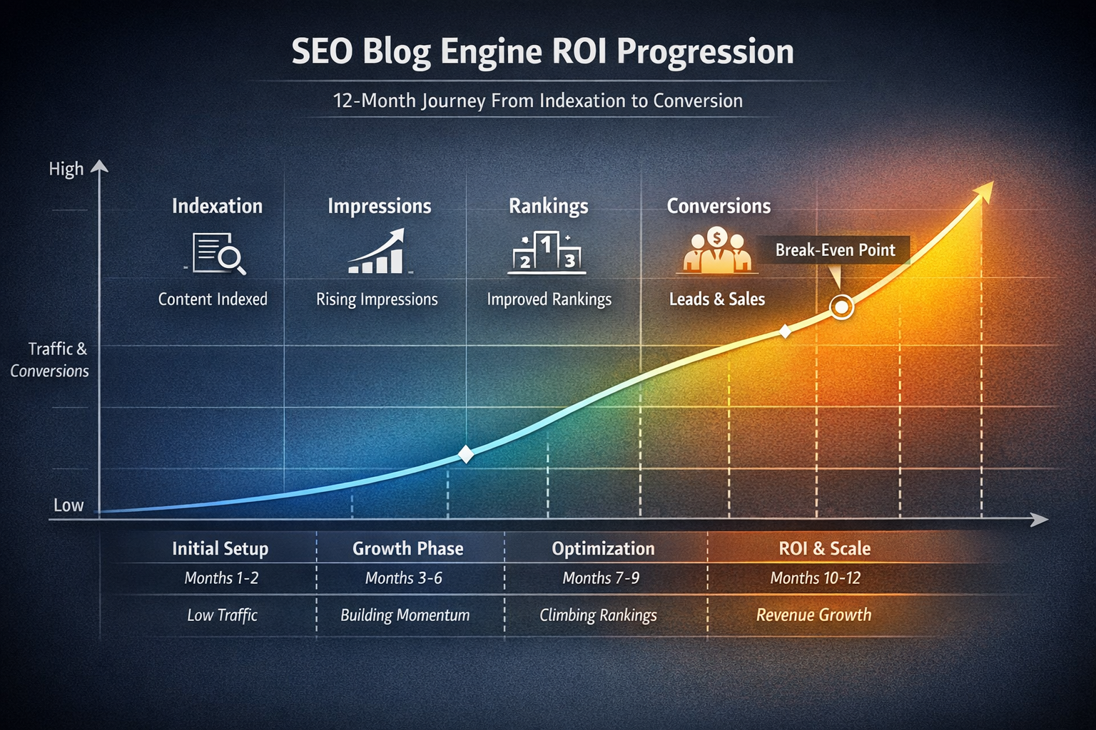 Timeline chart showing SEO blog engine ROI progression from indexation through conversion over 12 months