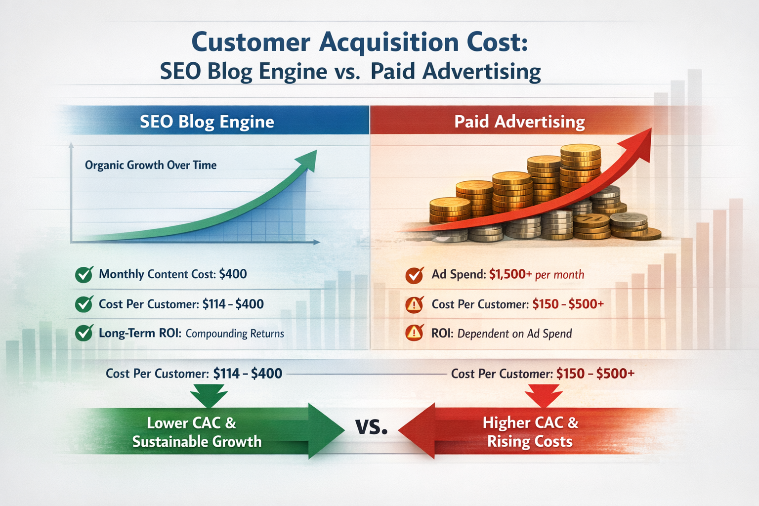 Comparison chart of customer acquisition cost showing SEO blog engine ROI versus paid advertising costs