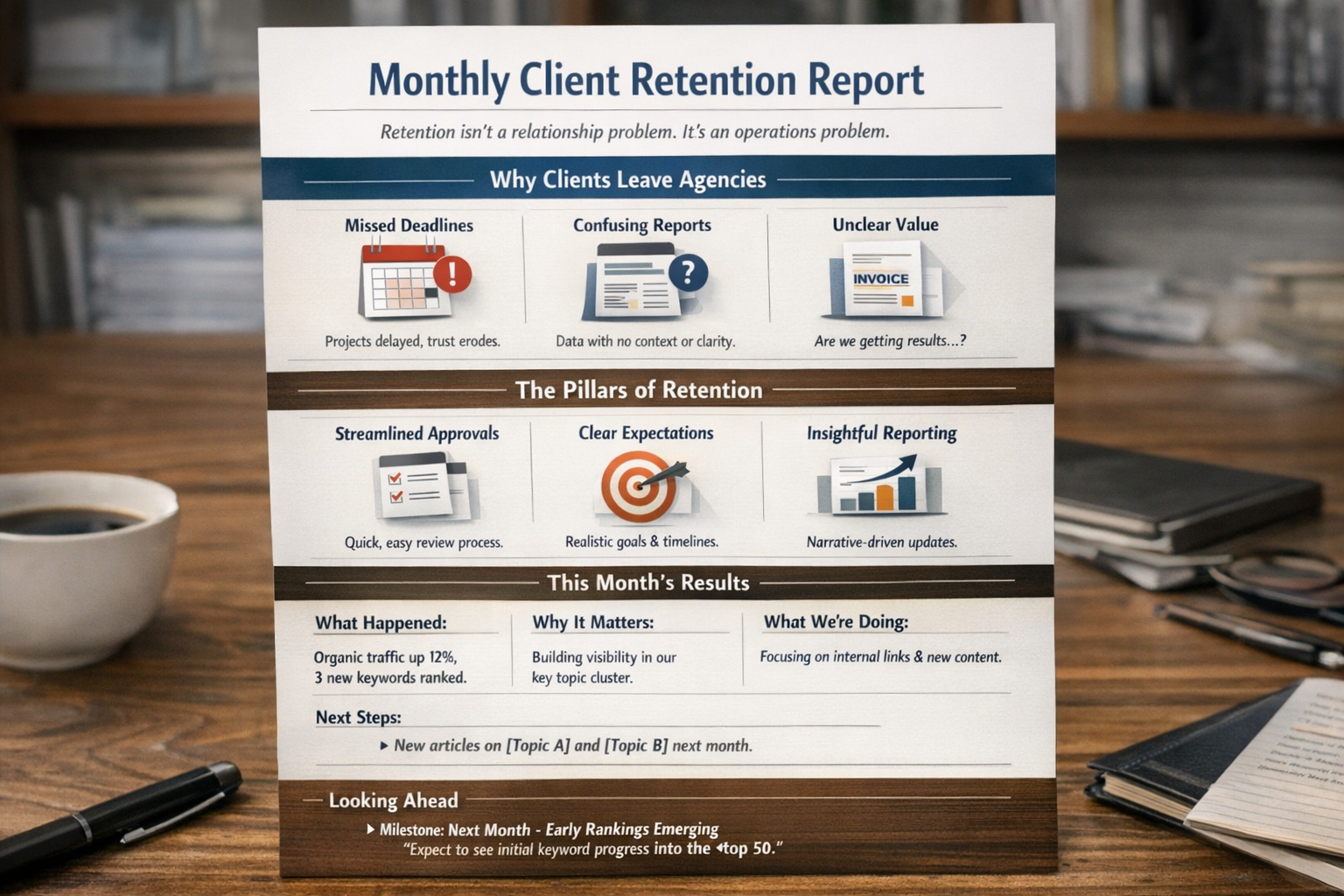Agency Client Retention Monthly Reporting Framework Example of agency client retention monthly reporting framework with narrative structure