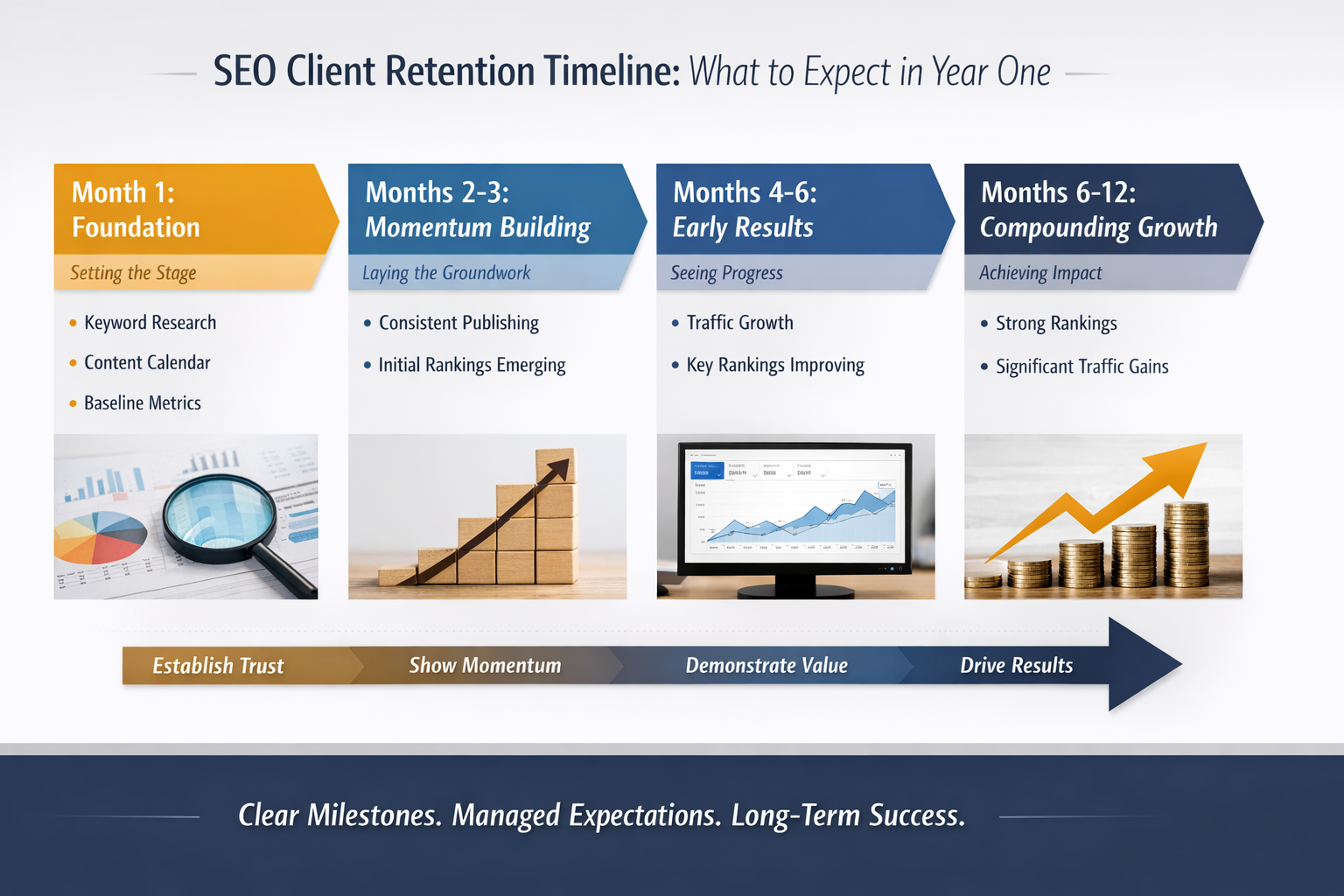 SEO Client Retention Expectation Timeline Timeline showing SEO client retention expectations from month one through year one