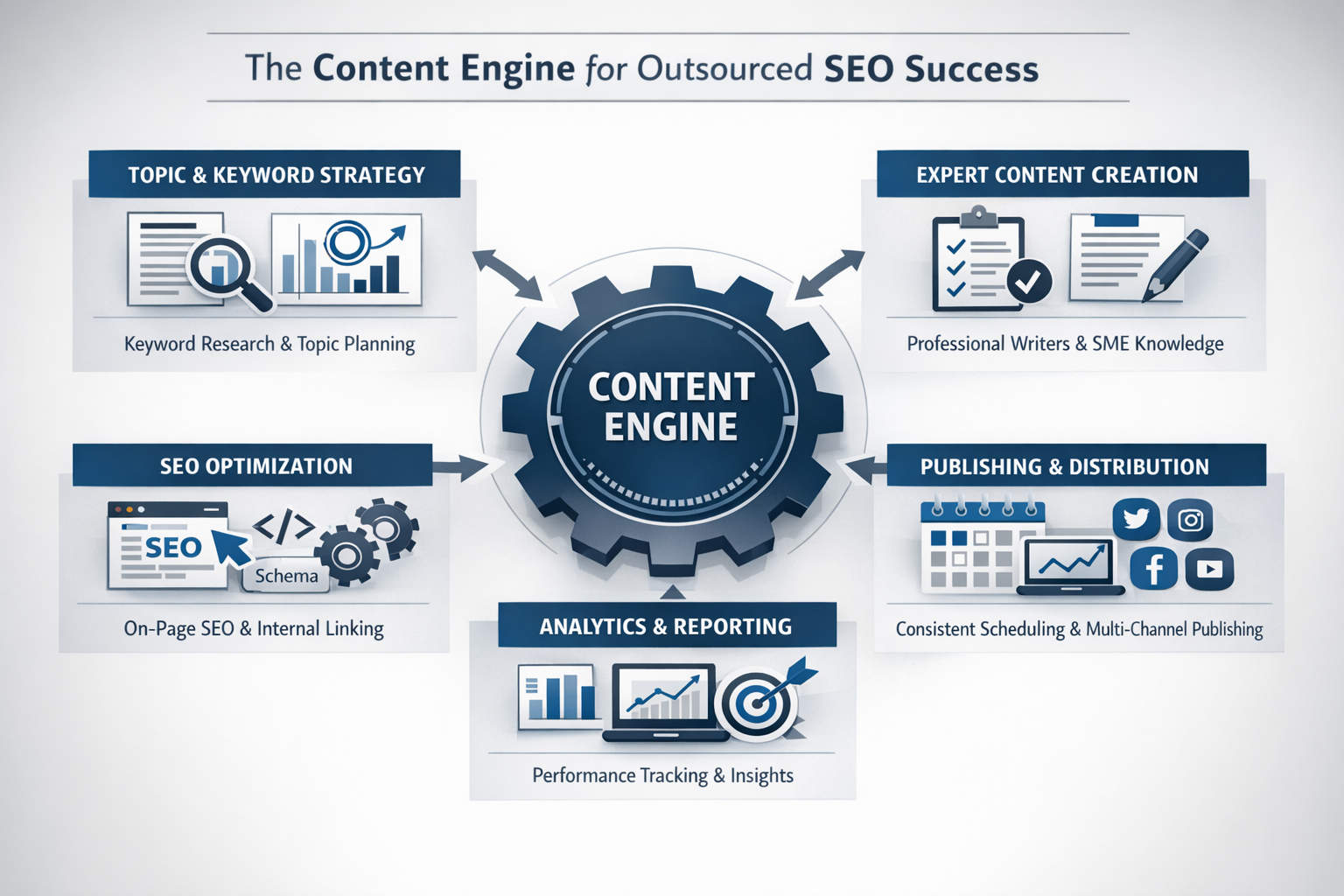 How a Content Engine System Works When Outsourcing SEO Content Diagram showing components of a content engine system used by teams outsourcing SEO content successfully
