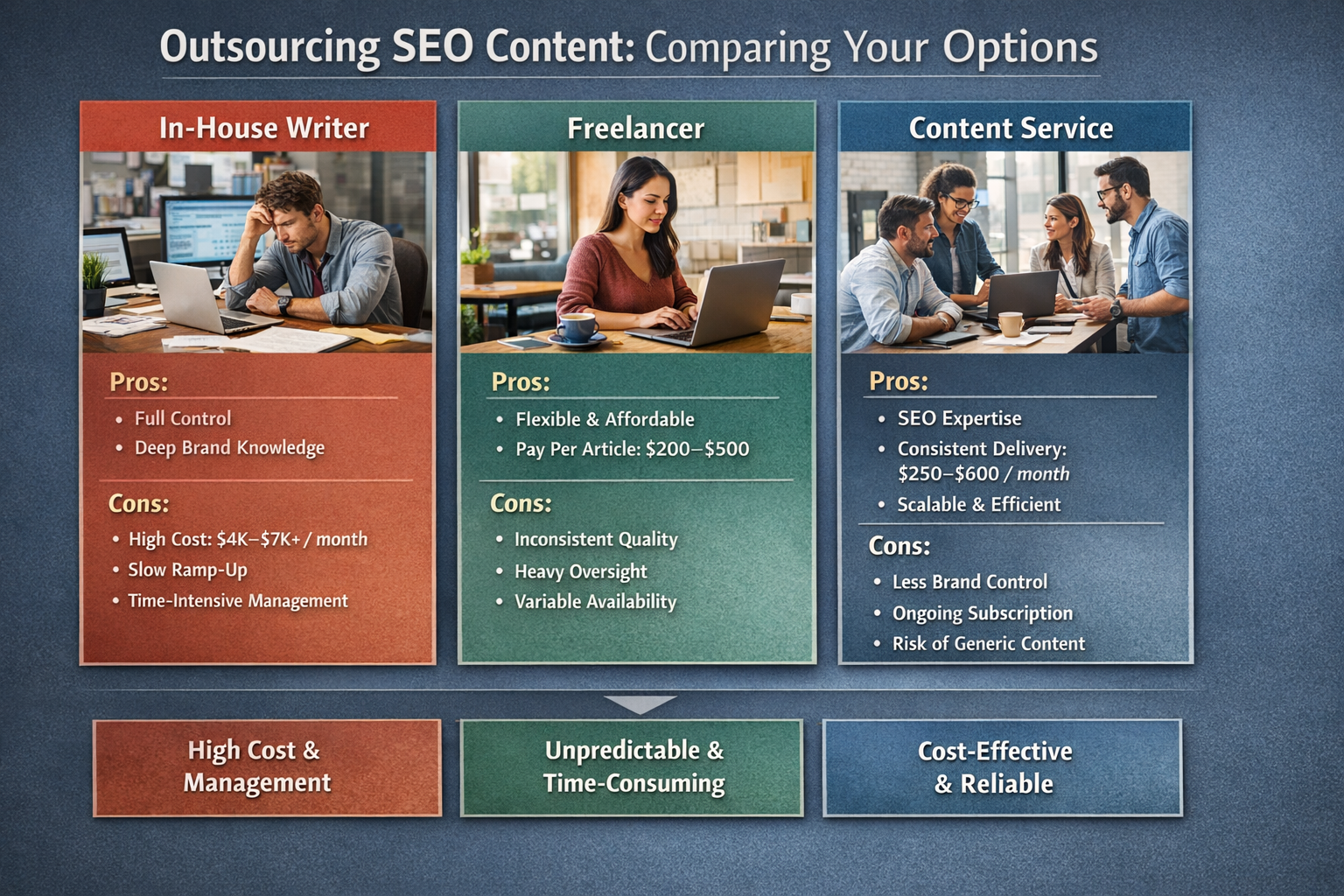 Cost Comparison: In-House vs Freelancer vs Outsourcing SEO Content Services Compare costs and benefits of different approaches to outsourcing SEO content production.