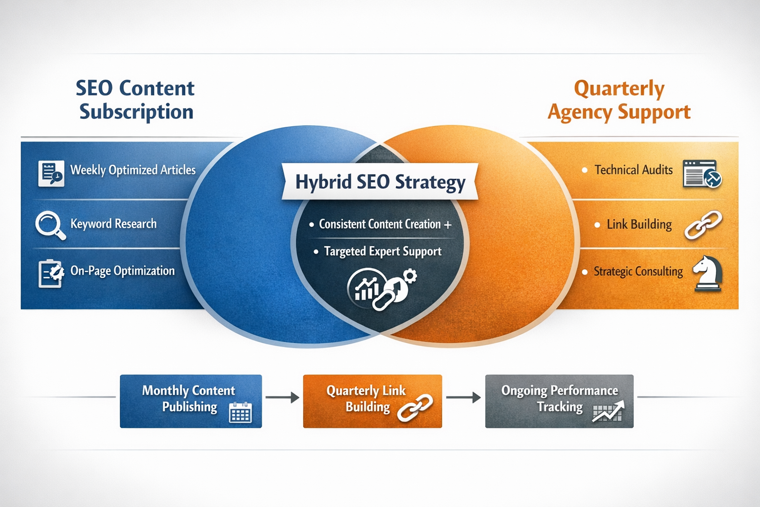 Hybrid SEO Content Subscription and Agency Model Structure Diagram showing hybrid approach combining SEO content subscription with quarterly agency support