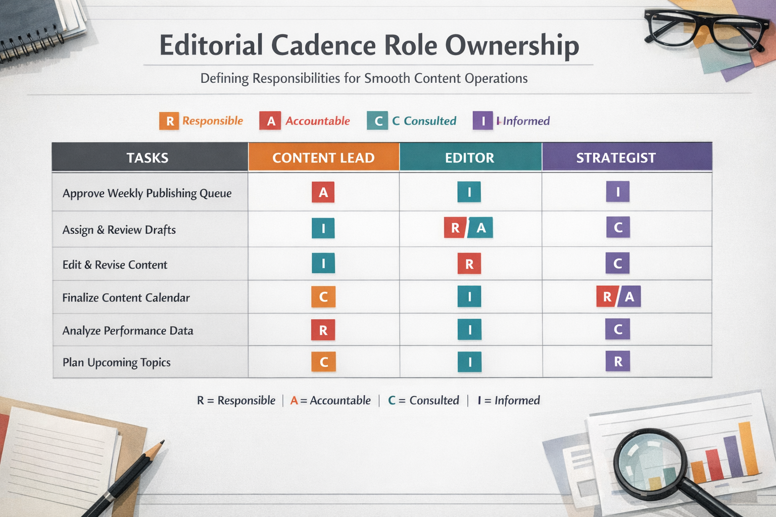 RACI matrix showing editorial cadence role ownership including content lead, editor, and strategist responsibilities