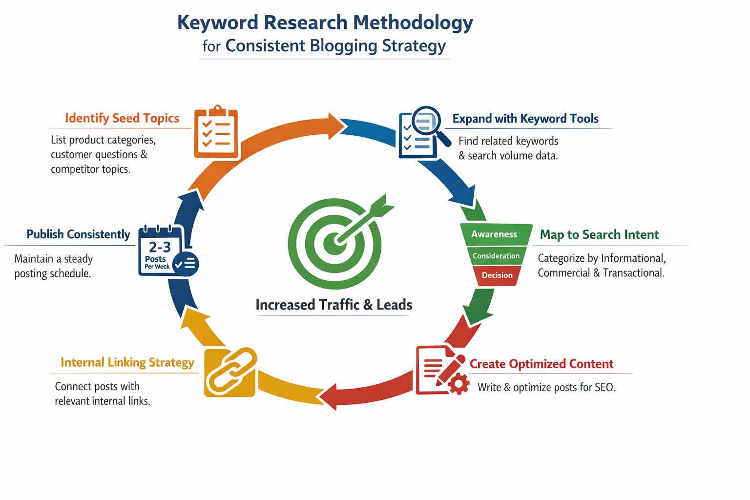 Workflow diagram showing keyword research methodology for consistent blogging strategy