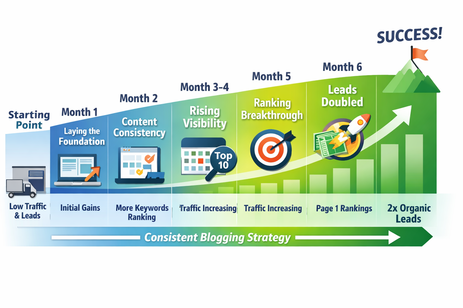 Timeline showing consistent blogging results progression across six months with ranking improvements