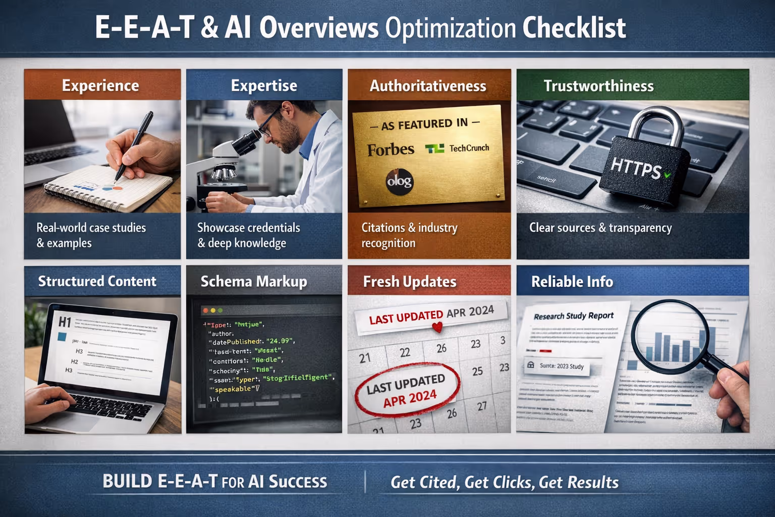 Visual checklist of experience, expertise, authoritativeness, and trustworthiness signals for AI Overviews optimization