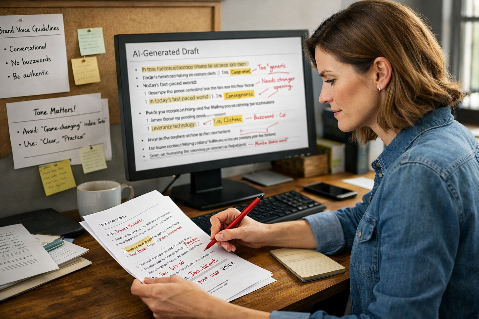 Editor Calibrating AI Content for Brand Voice Integrity Content editor reviewing and calibrating AI-generated text for brand voice integrity