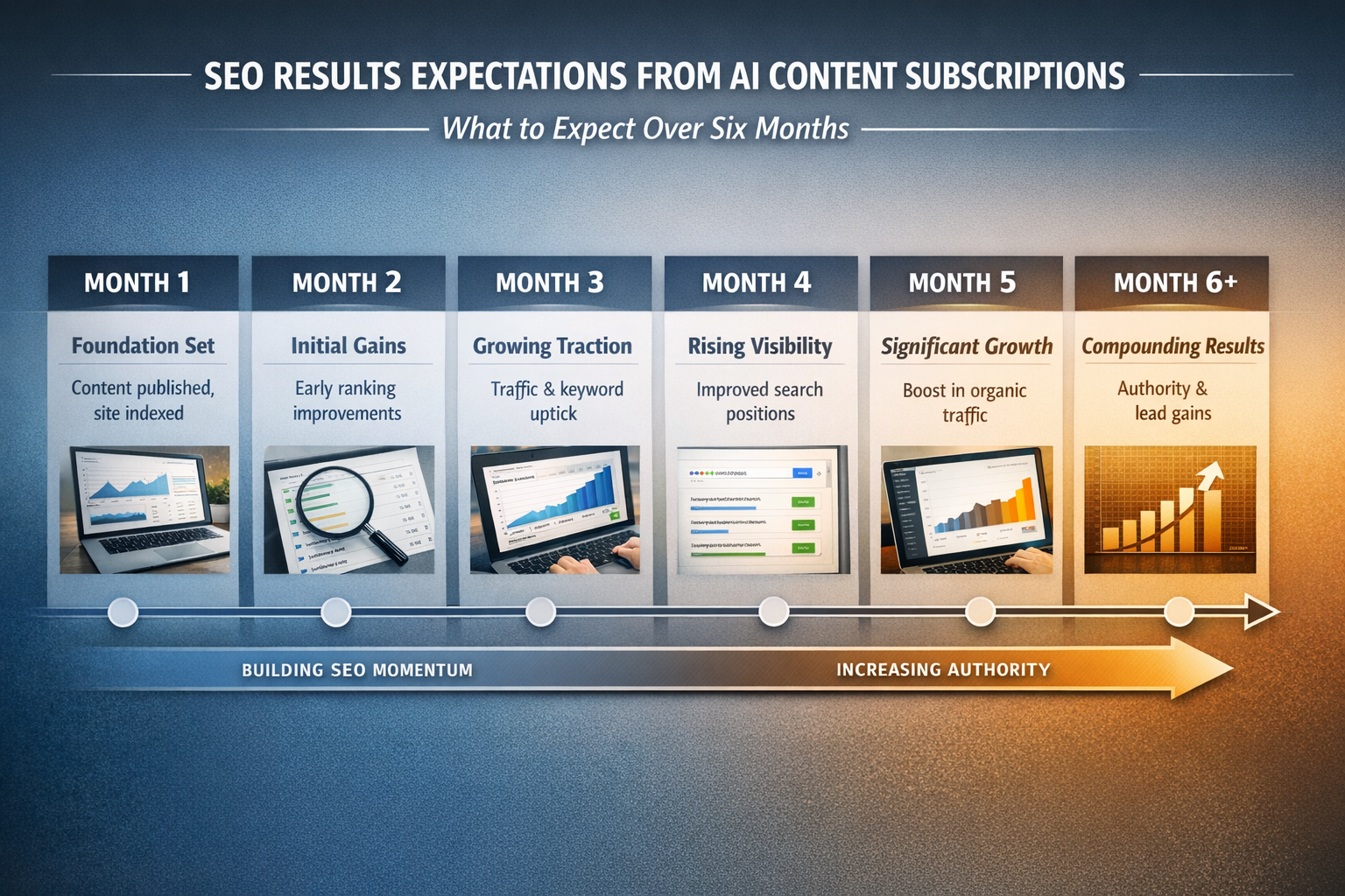 Timeline showing SEO results expectations from AI content subscription services over six months
