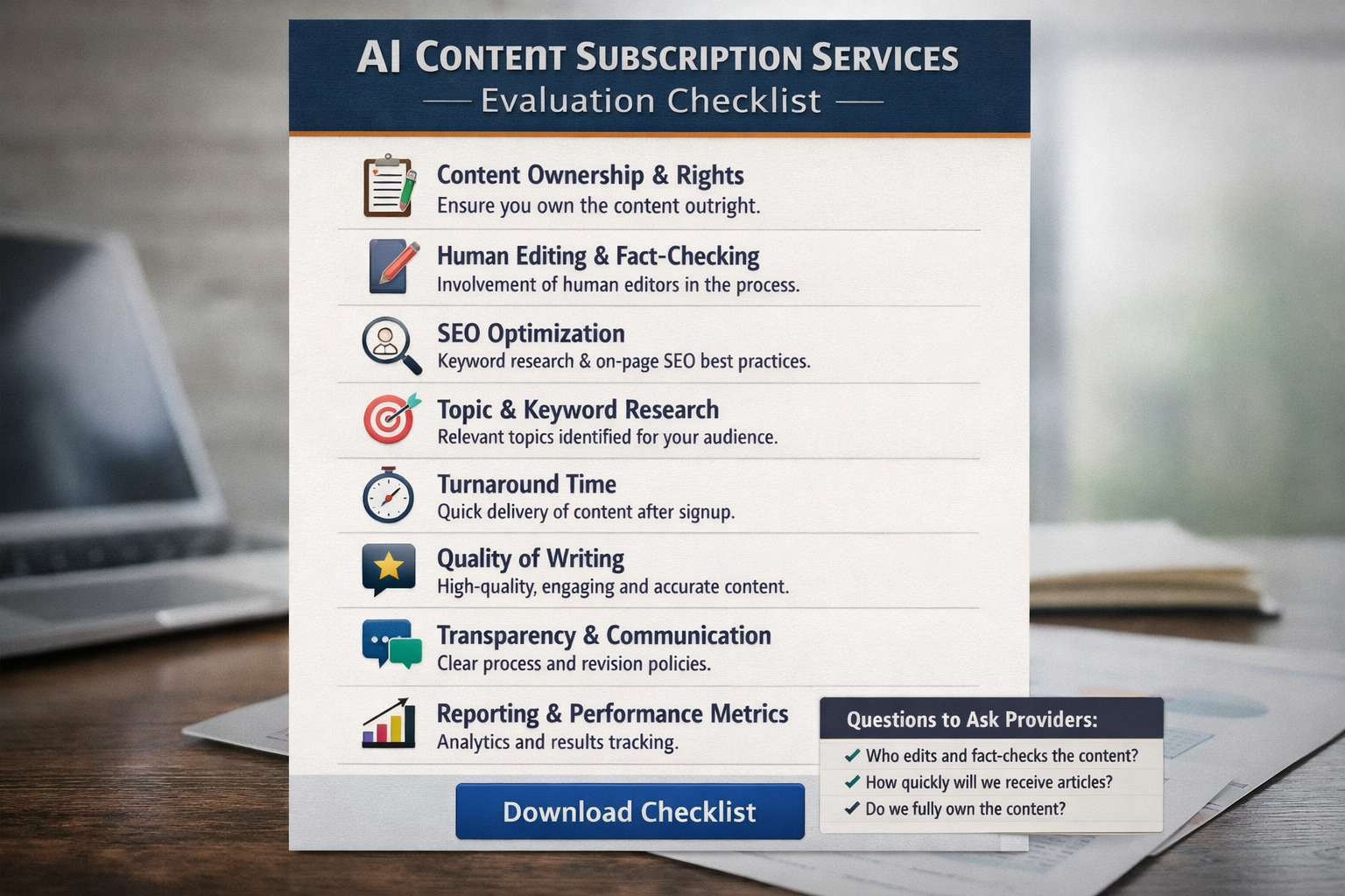 Checklist showing key features to evaluate when choosing AI content subscription services