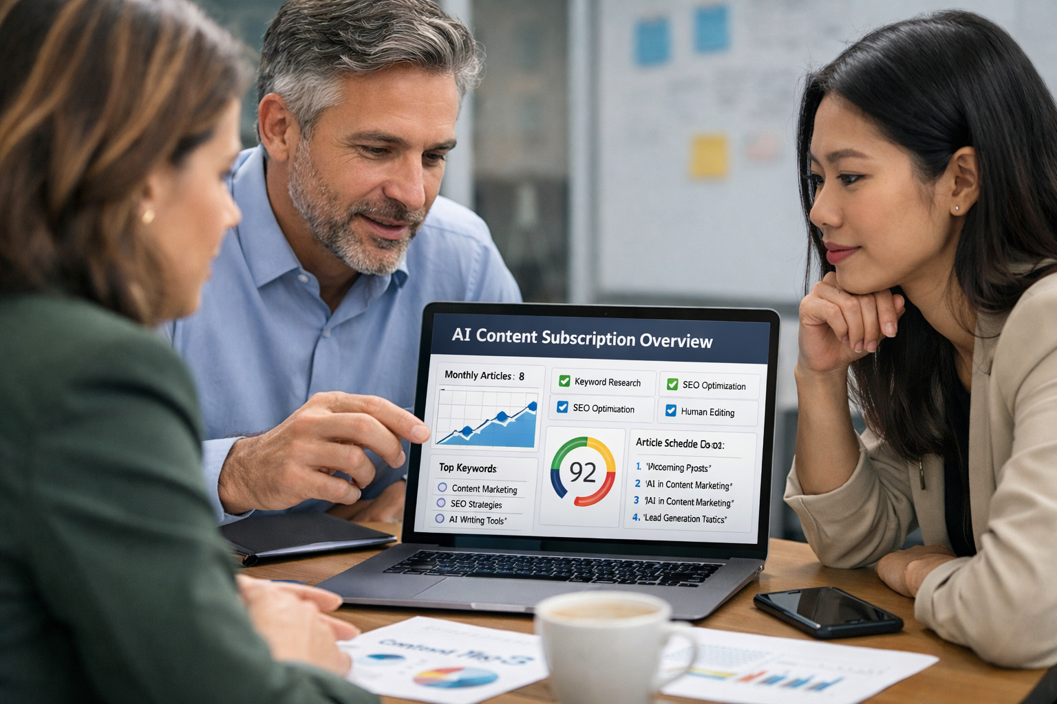 Business team reviewing AI content subscription services on laptop with analytics dashboard
