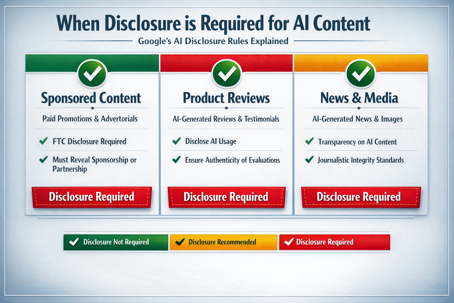 AI Content Disclosure Requirements Under Google and FTC Rules Chart showing when Google AI content rules require disclosure for sponsored content, reviews, and media