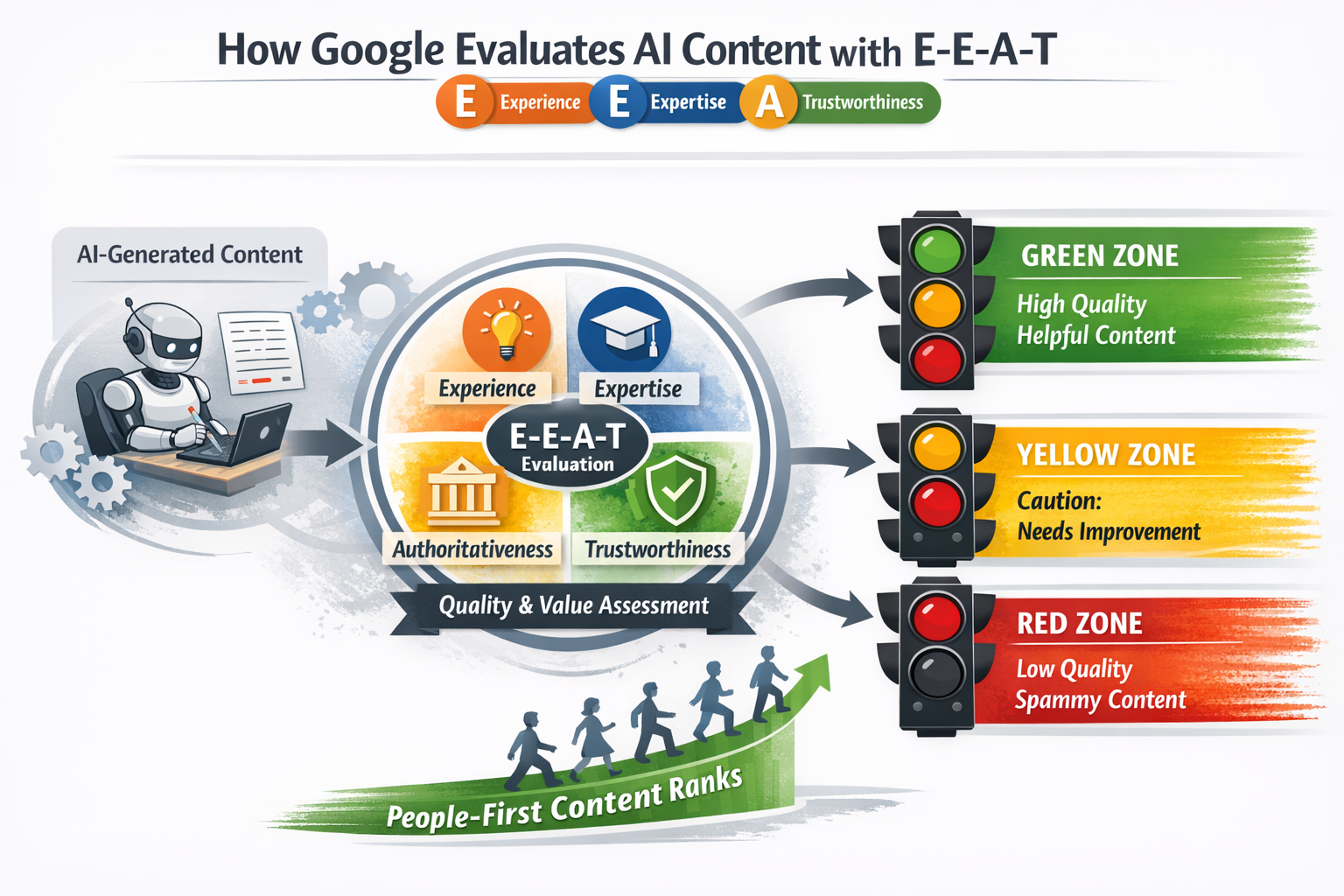 How Google Evaluates AI Content Using E-E-A-T Criteria Diagram illustrating Google AI content rules evaluation process using Experience, Expertise, Authoritativeness, and Trustworthiness