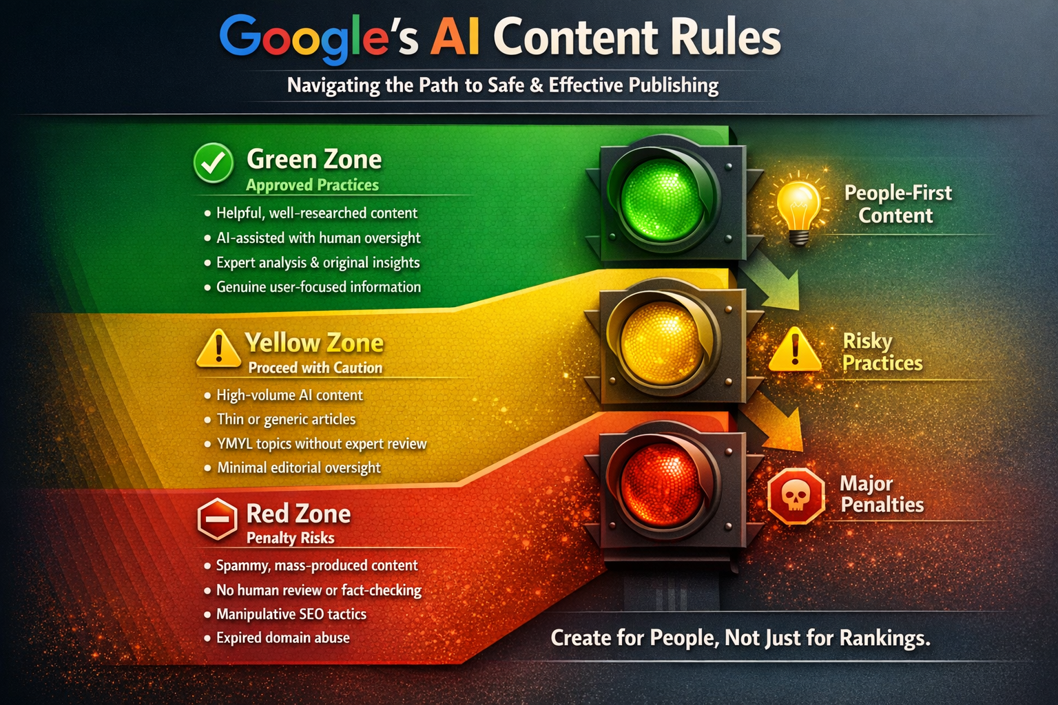 Google AI Content Rules Green Yellow Red Framework for Publishers Visual framework showing Google AI content rules with green approved zone, yellow caution zone, and red penalty zone