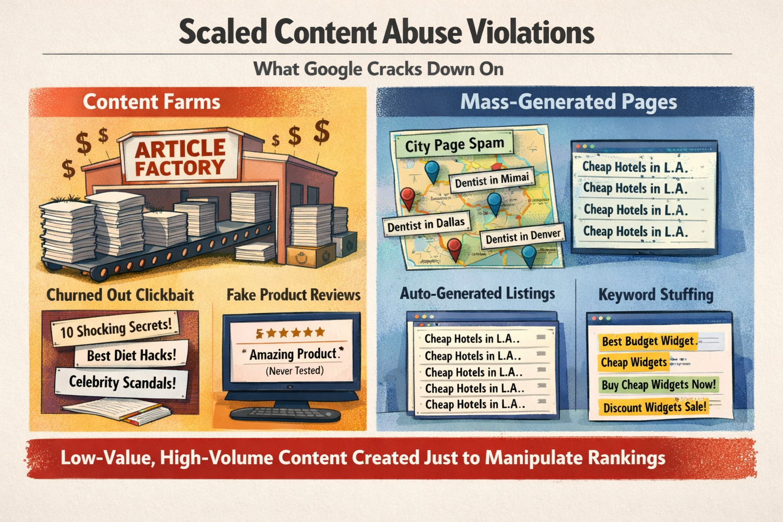 Scaled Content Abuse Examples That Trigger Google Penalties Visual examples of scaled content abuse violations under Google AI content rules including content farms and mass-generated pages