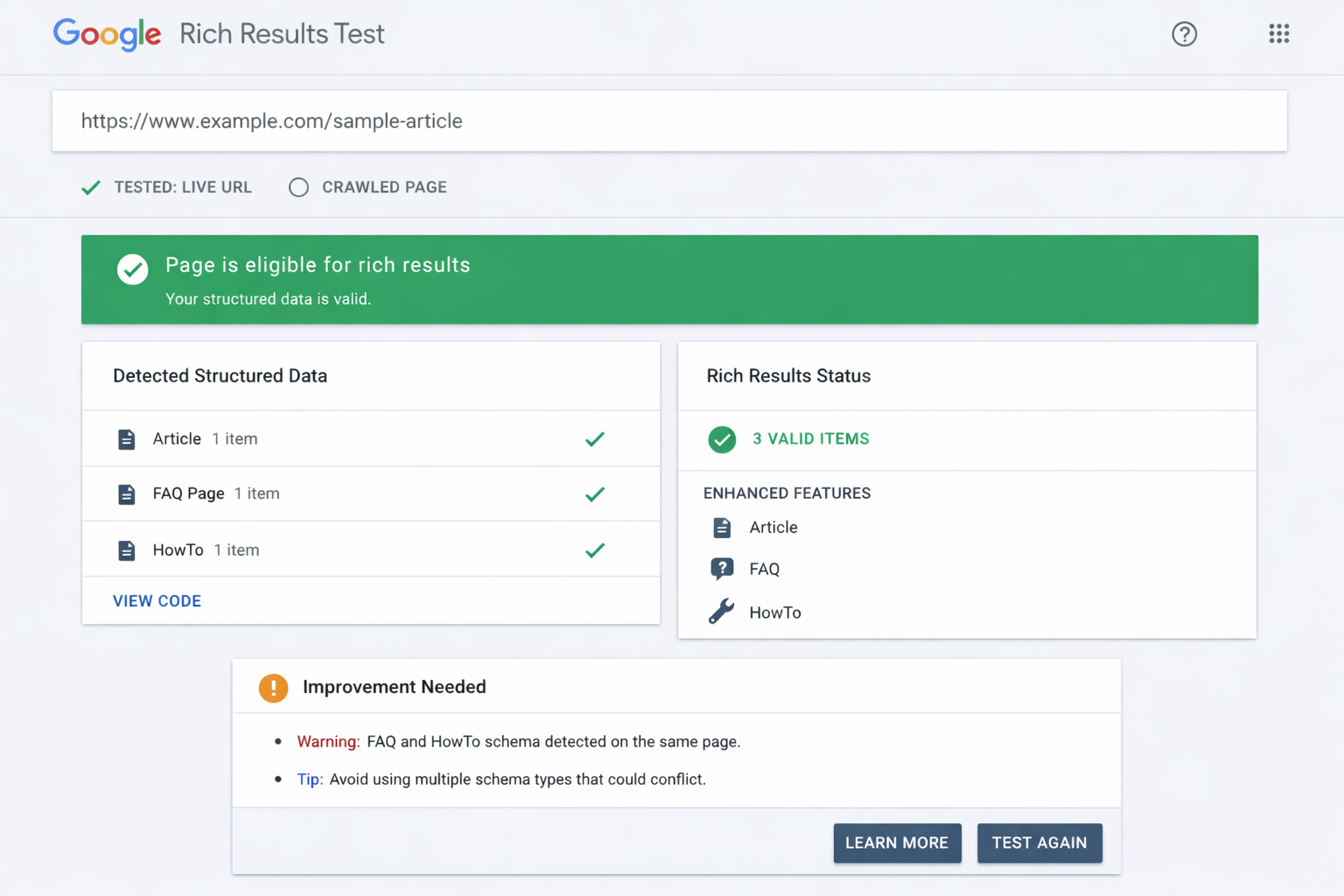 Screenshot of Google Rich Results Test tool validating schema markup for blog posts