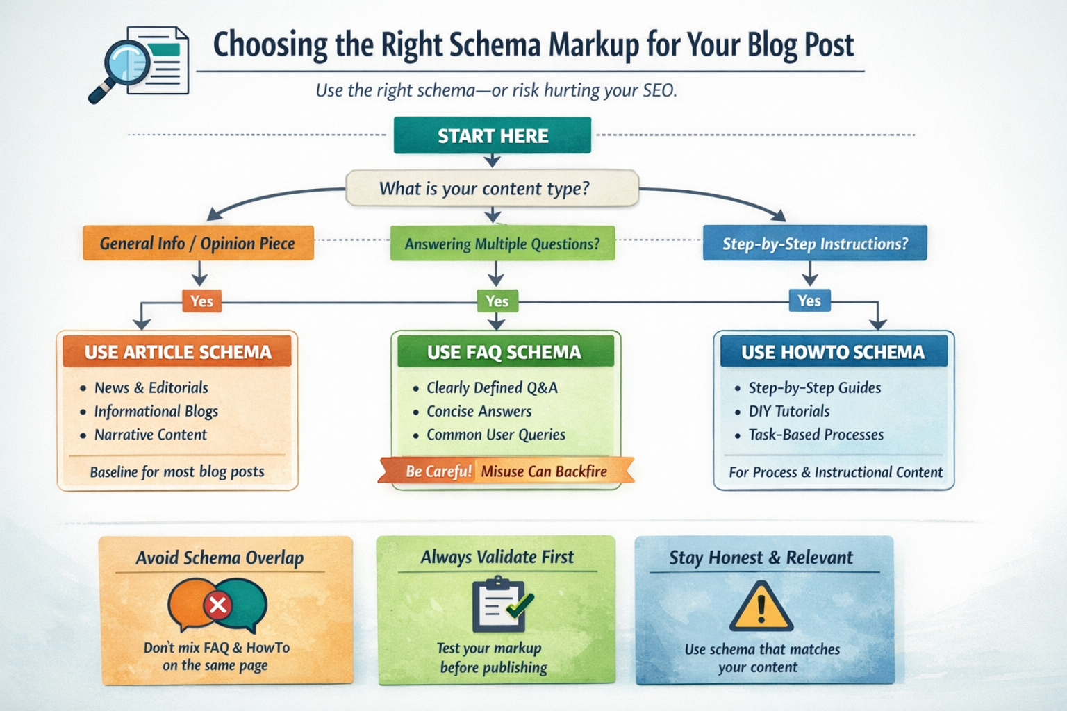 Flowchart showing how to choose between Article, FAQ, and HowTo schema markup for blog posts