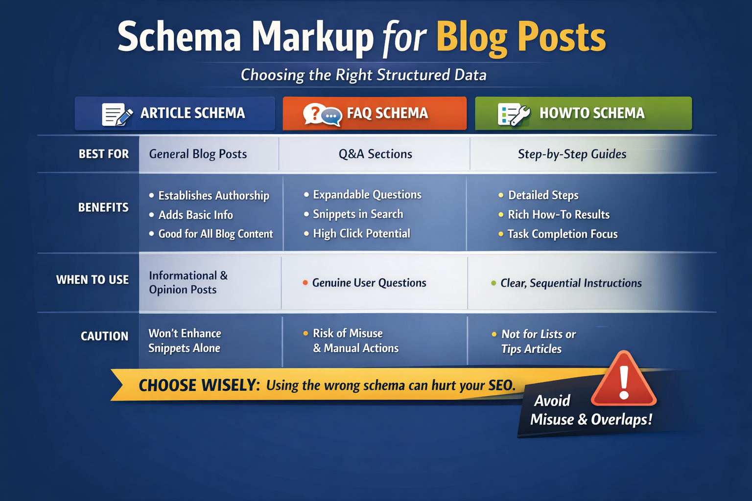 Comparison chart showing types of schema markup for blog posts including Article, FAQ, and HowTo structured data