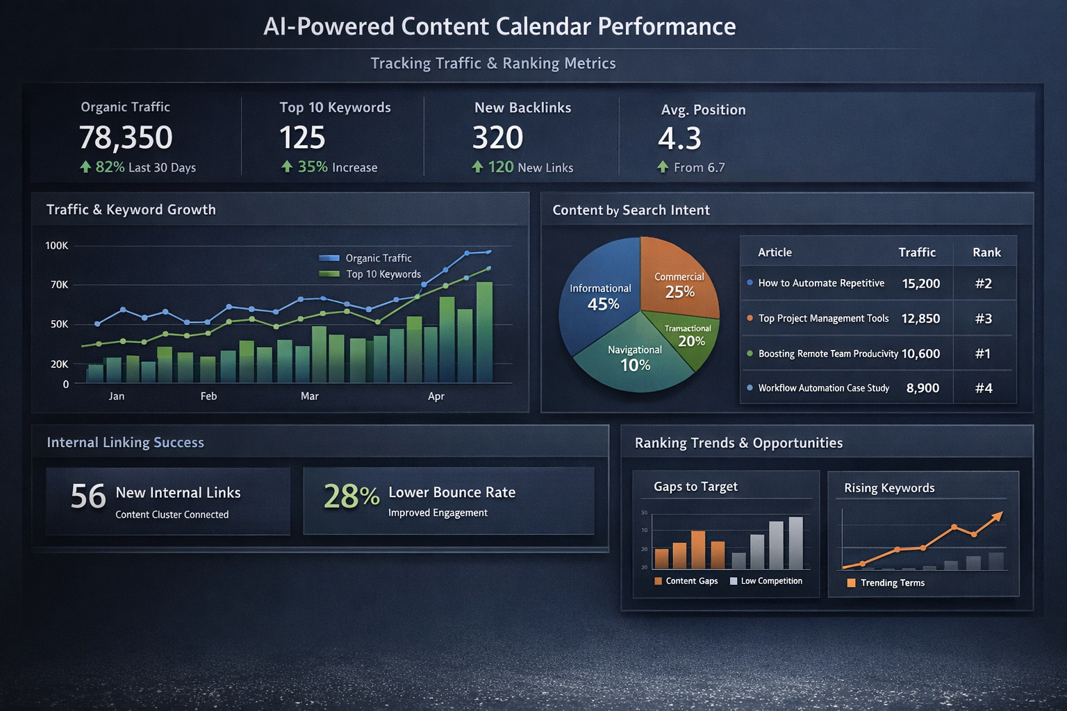 AI Content Calendar Performance Metrics Dashboard Analytics dashboard tracking AI-powered content calendar performance with traffic and ranking metrics