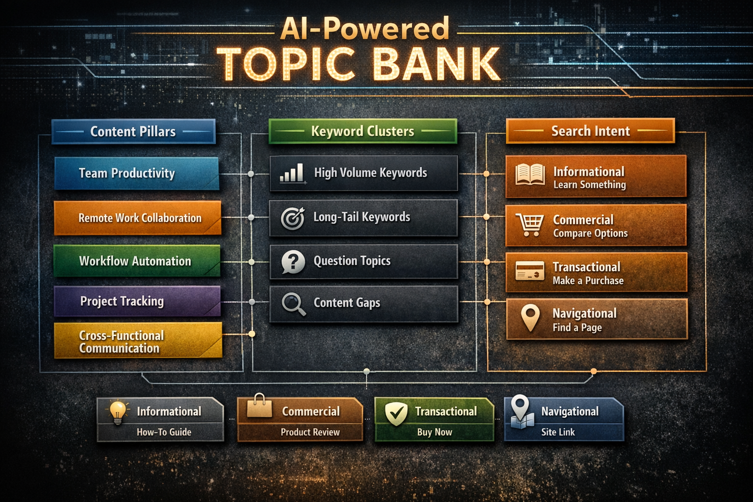 AI-Powered Content Calendar Topic Bank Structure Structured topic bank showing content pillars, keyword clusters, and search intent tags for AI-powered content calendar
