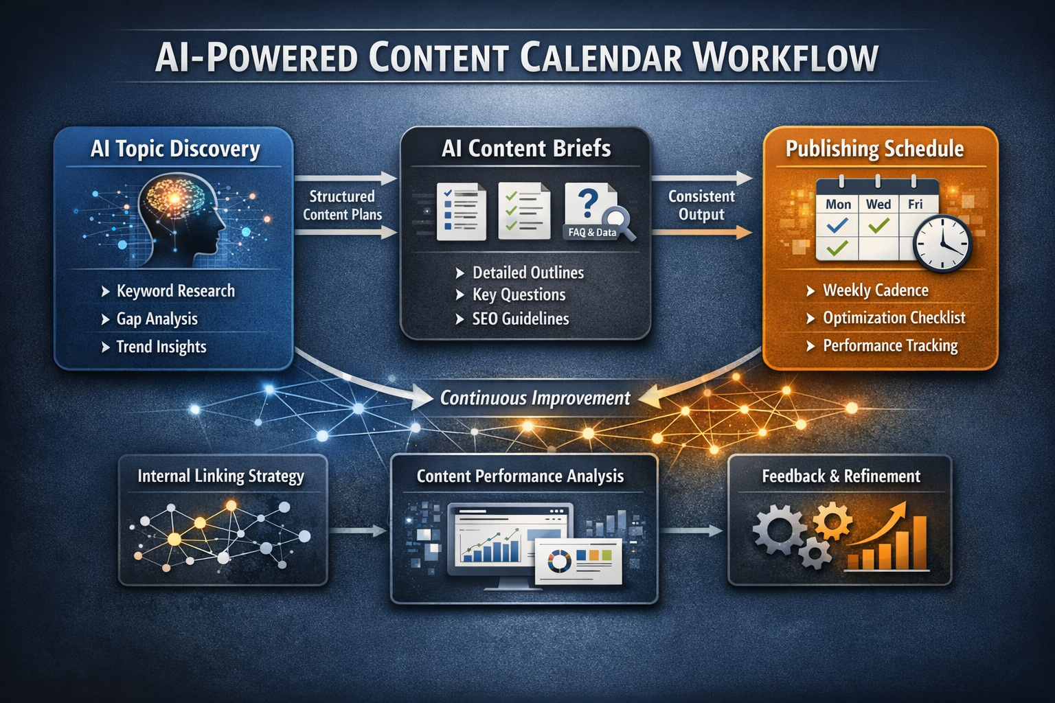 Content Calendar Workflow with AI Integration for SaaS Content calendar workflow diagram showing AI-powered topic discovery, brief generation, and publishing schedule
