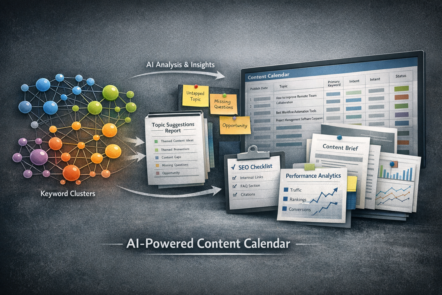 Keyword Clustering Strategy for AI Content Calendar Visual representation of keyword clustering and content theme organization in AI-powered content calendar