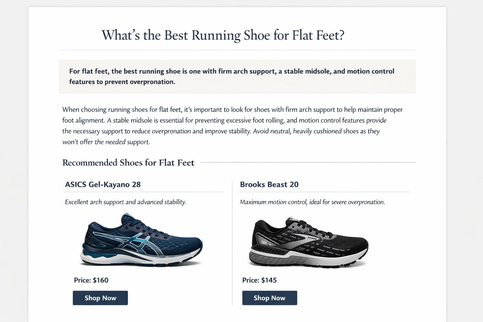 E-commerce blog SEO example showing H2 question heading, direct answer, and product recommendation structure