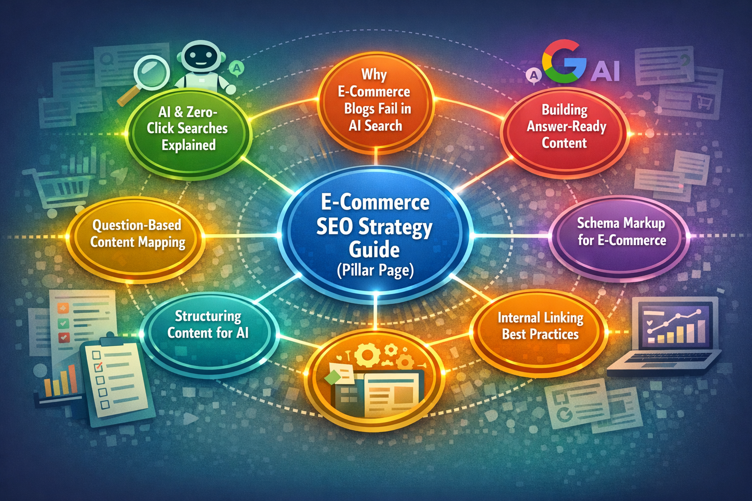 E-commerce blog SEO topic cluster showing pillar page connected to supporting content posts