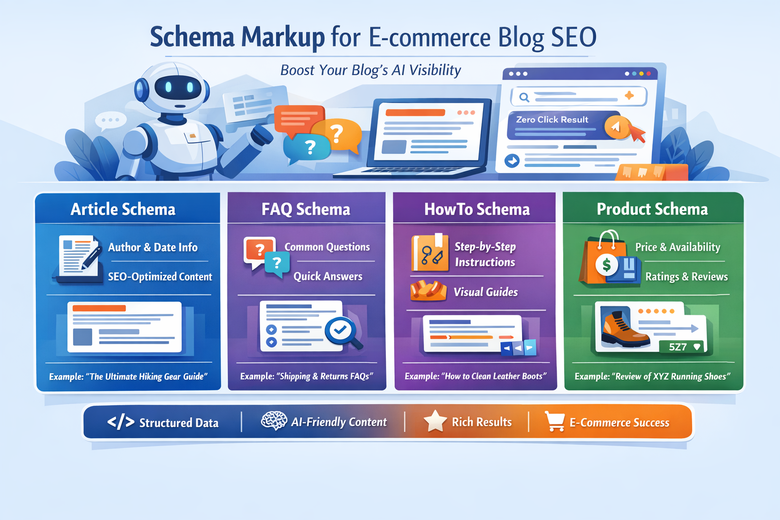Schema markup types for e-commerce blog SEO including Article, FAQ, HowTo, and Product schema