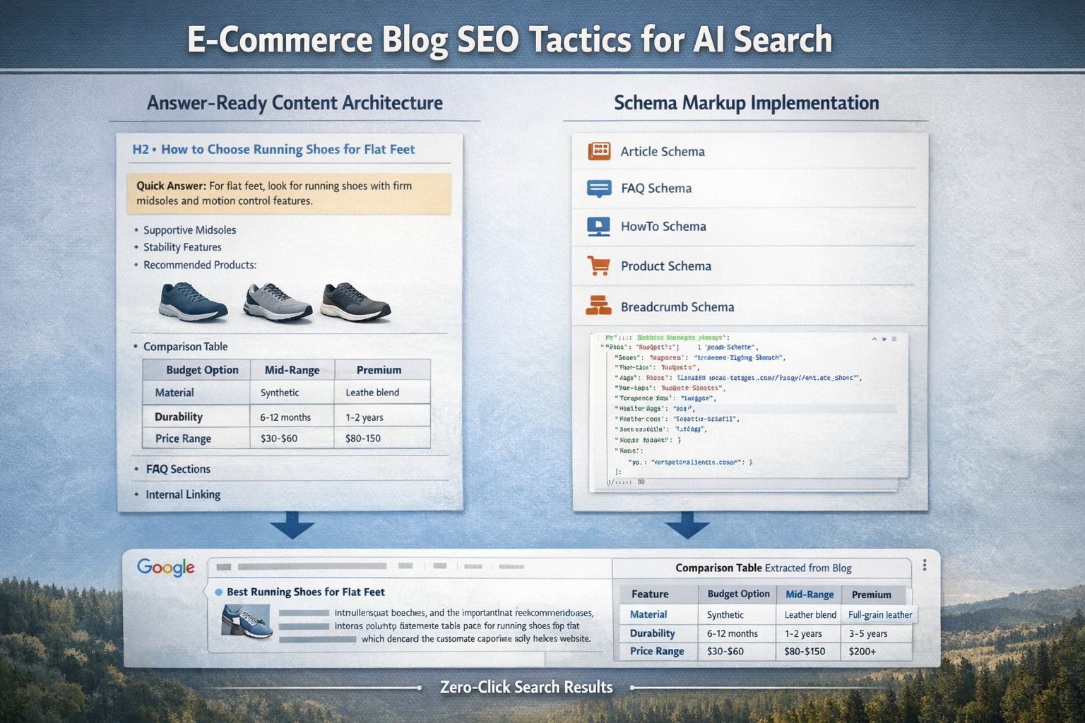 E-commerce blog SEO tactics for AI search showing structured content architecture and schema markup implementation