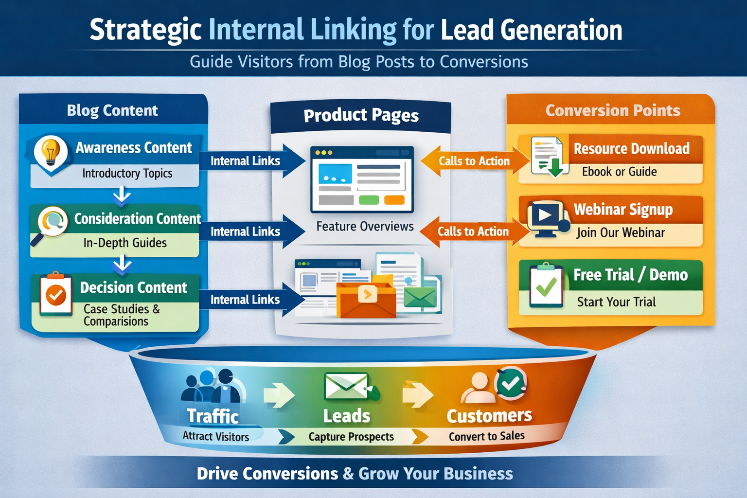 Diagram showing strategic internal linking connecting blog posts to product pages and conversion points for lead generation optimization