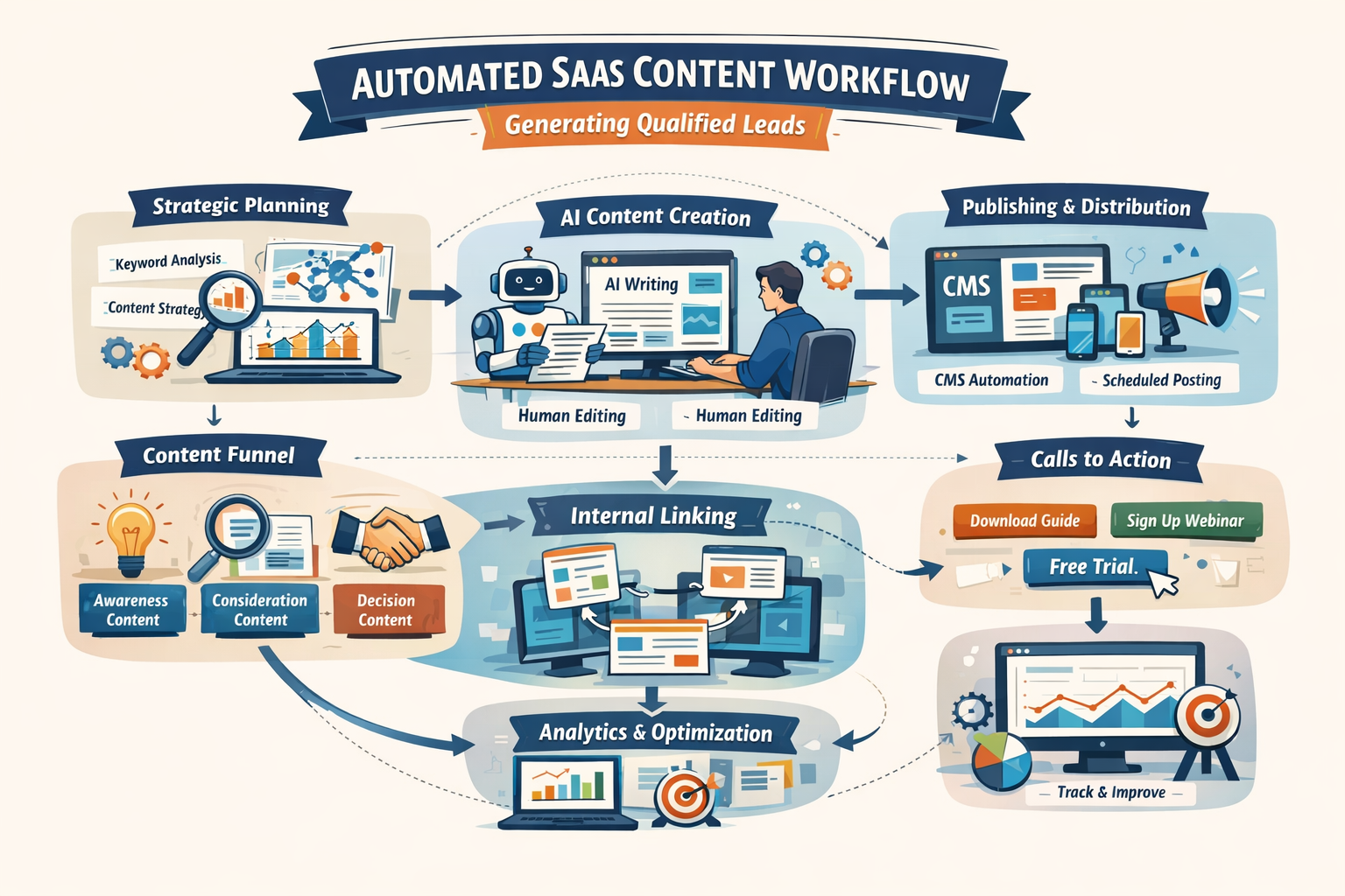 Automated content workflow system for SaaS blog posts generating qualified leads through strategic planning and AI assistance
