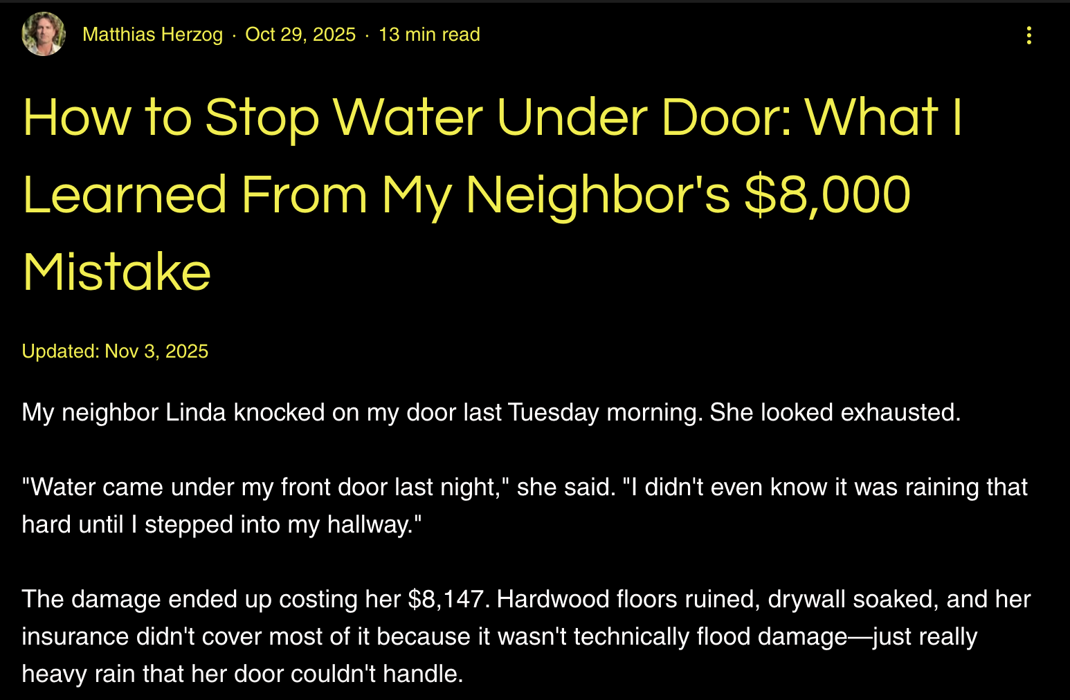 GA4 screenshot showing the top-performing FloodTape® blog post about stopping water under doors