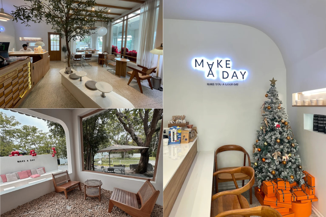 คาเฟ่ Make A Day กุยบุรี ประจวบคีรีขันธ์ สไตล์มินิมอล โทนสีขาว ตกแต่งธีมคริสต์มาสสุดน่ารัก